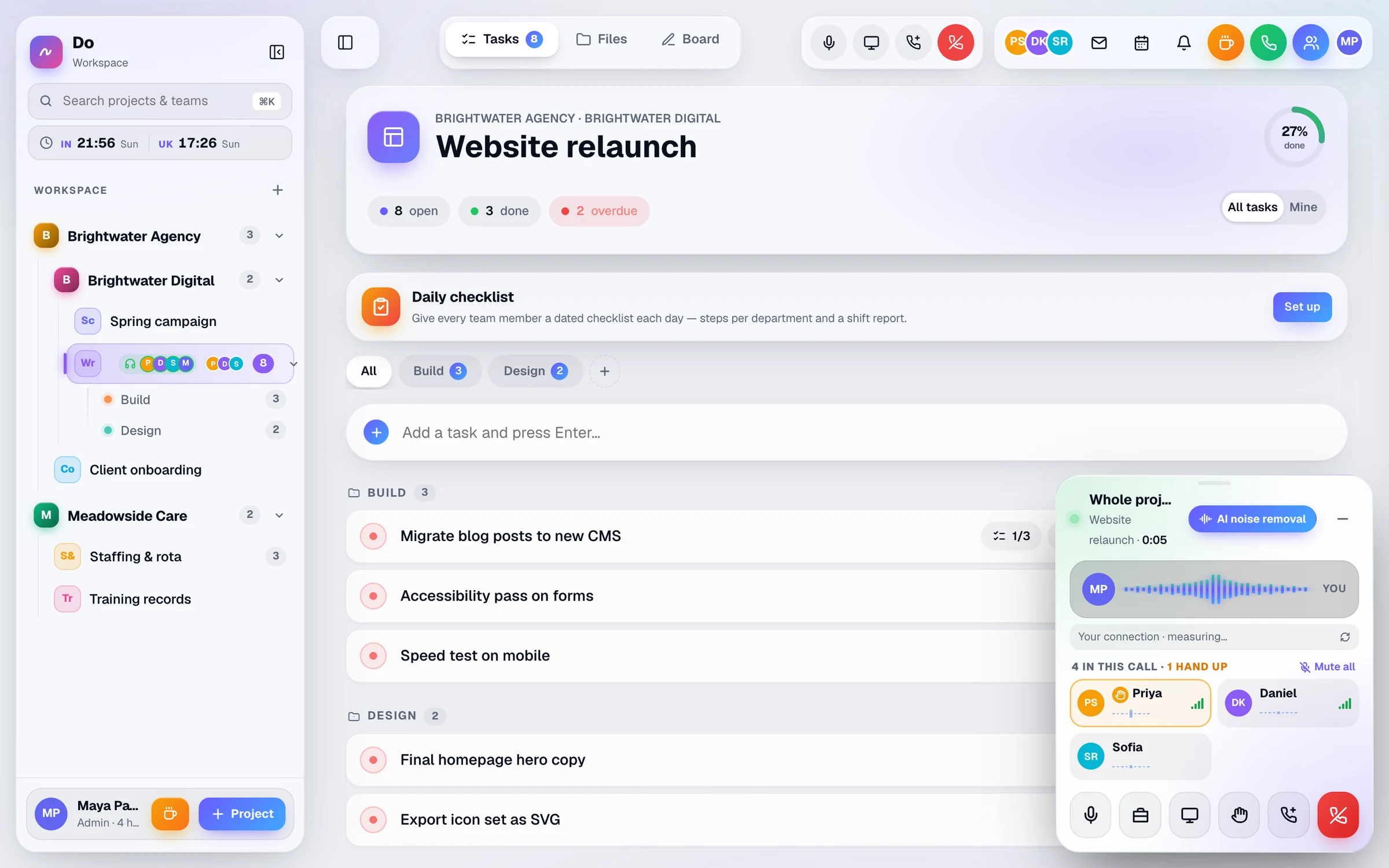 A voice call inside a project with four participants, one with a raised hand, and call controls for mute, screen share, raise hand and hang up.