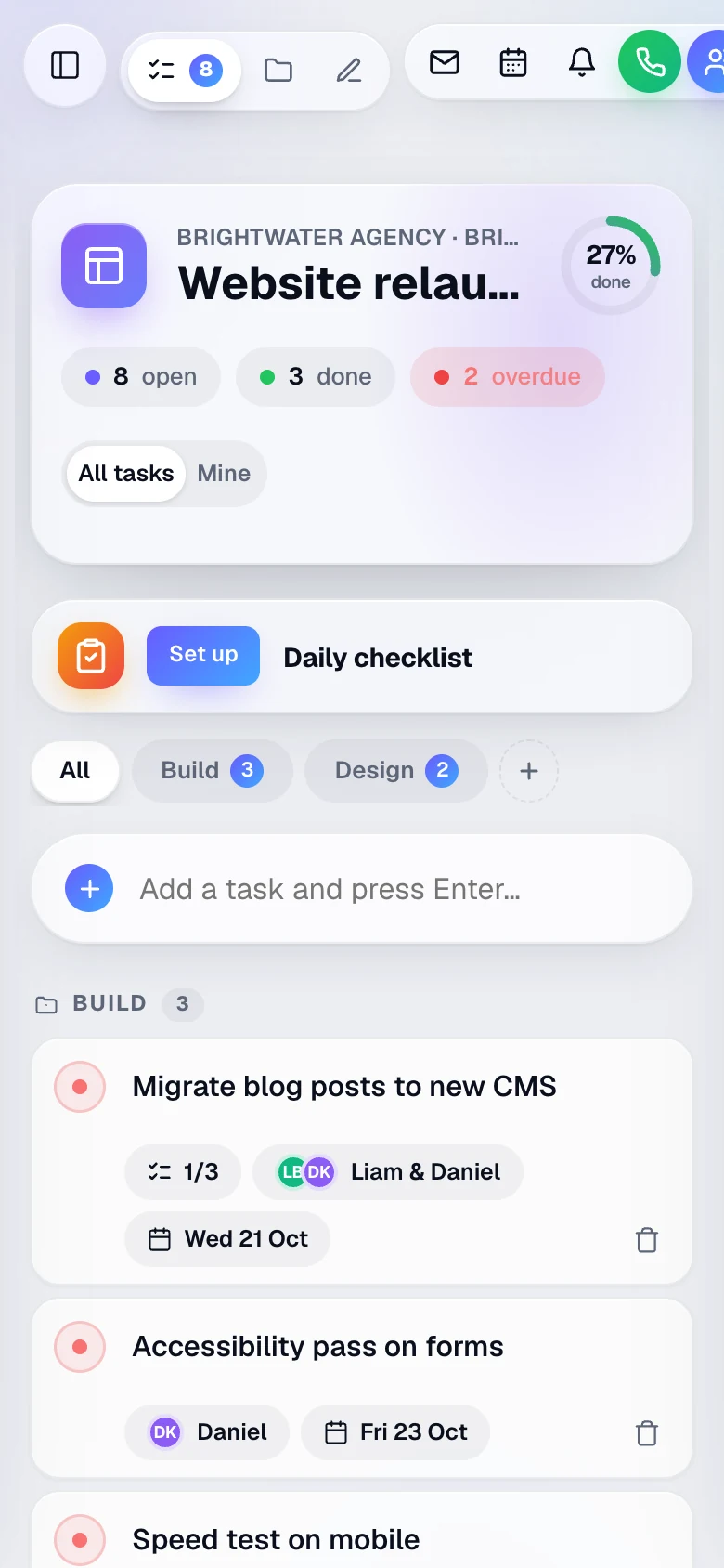 The same workspace's task list on a phone.