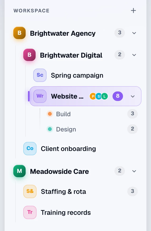 The Do sidebar showing companies, a sub-company, projects and departments with open-task counts.